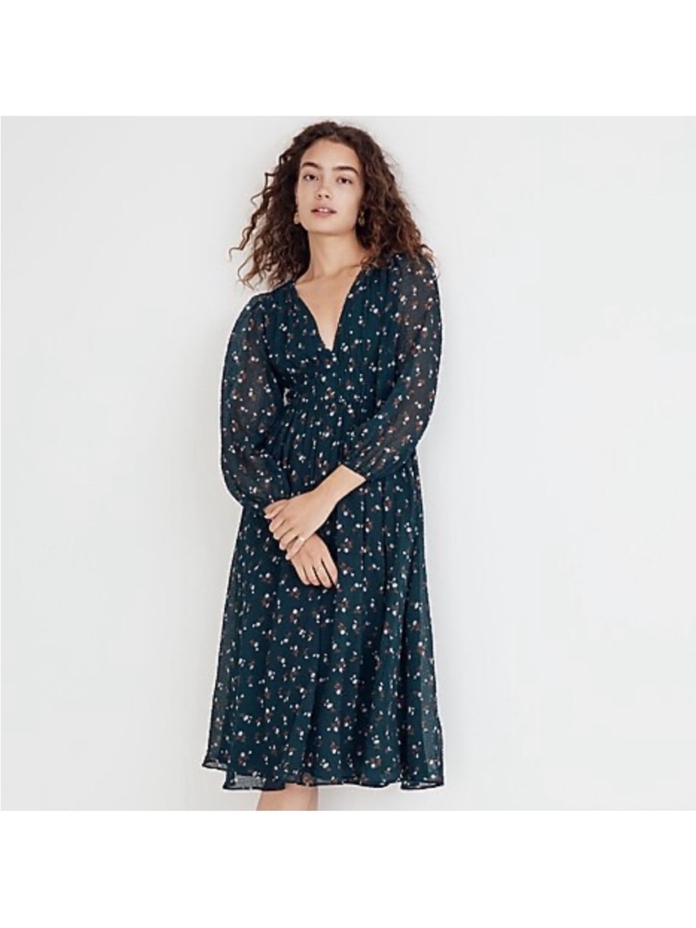 Madewell Dark Teal Floral V-Neck Midi Dress